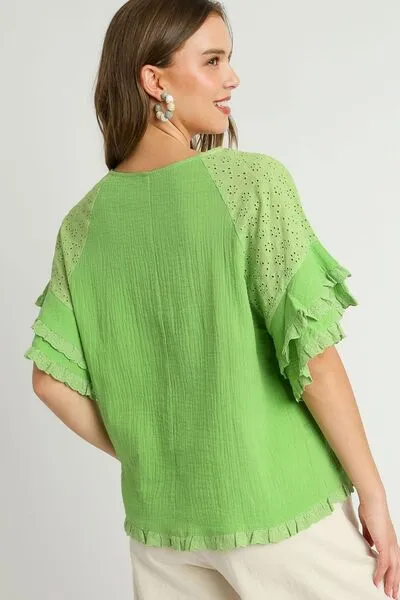 Hazel Blues® | Umgee Cotton Gauze Round Neck Ruffle Eyelet Layered Sleeve Blouse