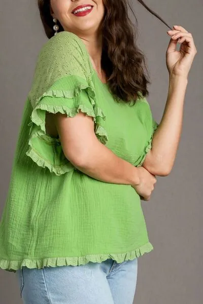 Hazel Blues® | Umgee Cotton Gauze Round Neck Ruffle Eyelet Layered Sleeve Blouse