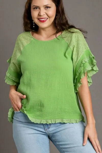 Hazel Blues® | Umgee Cotton Gauze Round Neck Ruffle Eyelet Layered Sleeve Blouse