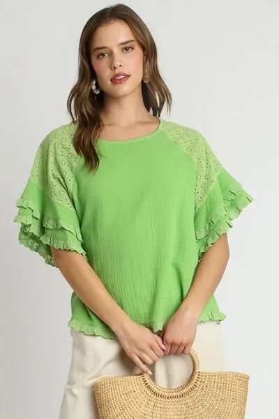 Hazel Blues® | Umgee Cotton Gauze Round Neck Ruffle Eyelet Layered Sleeve Blouse