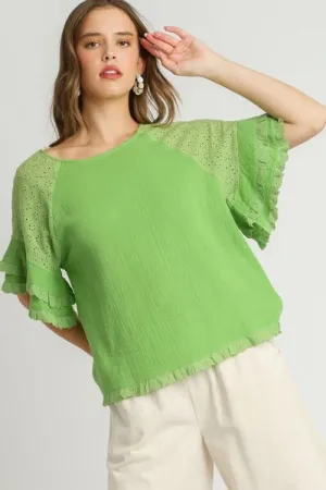 Hazel Blues® | Umgee Cotton Gauze Round Neck Ruffle Eyelet Layered Sleeve Blouse