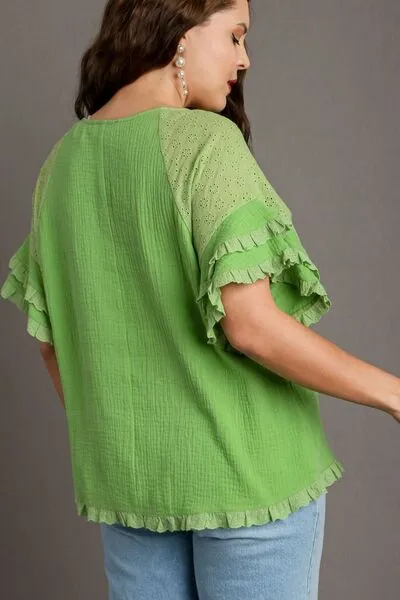 Hazel Blues® | Umgee Cotton Gauze Round Neck Ruffle Eyelet Layered Sleeve Blouse