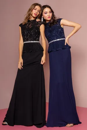 High Neck Cap Sleeve Peplum Long Dress