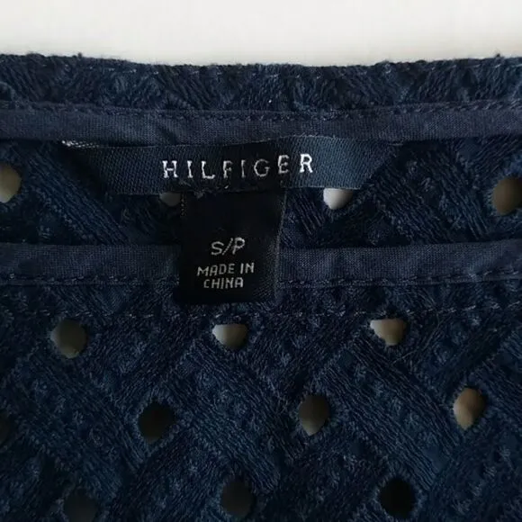 Hilfiger Navy Blazer Eyelet Fabric Button Front, Size - Small