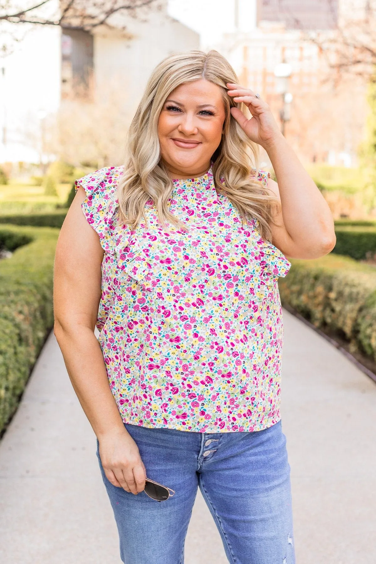 I Know The Way Ruffle Sleeve Blouse- White & Pink