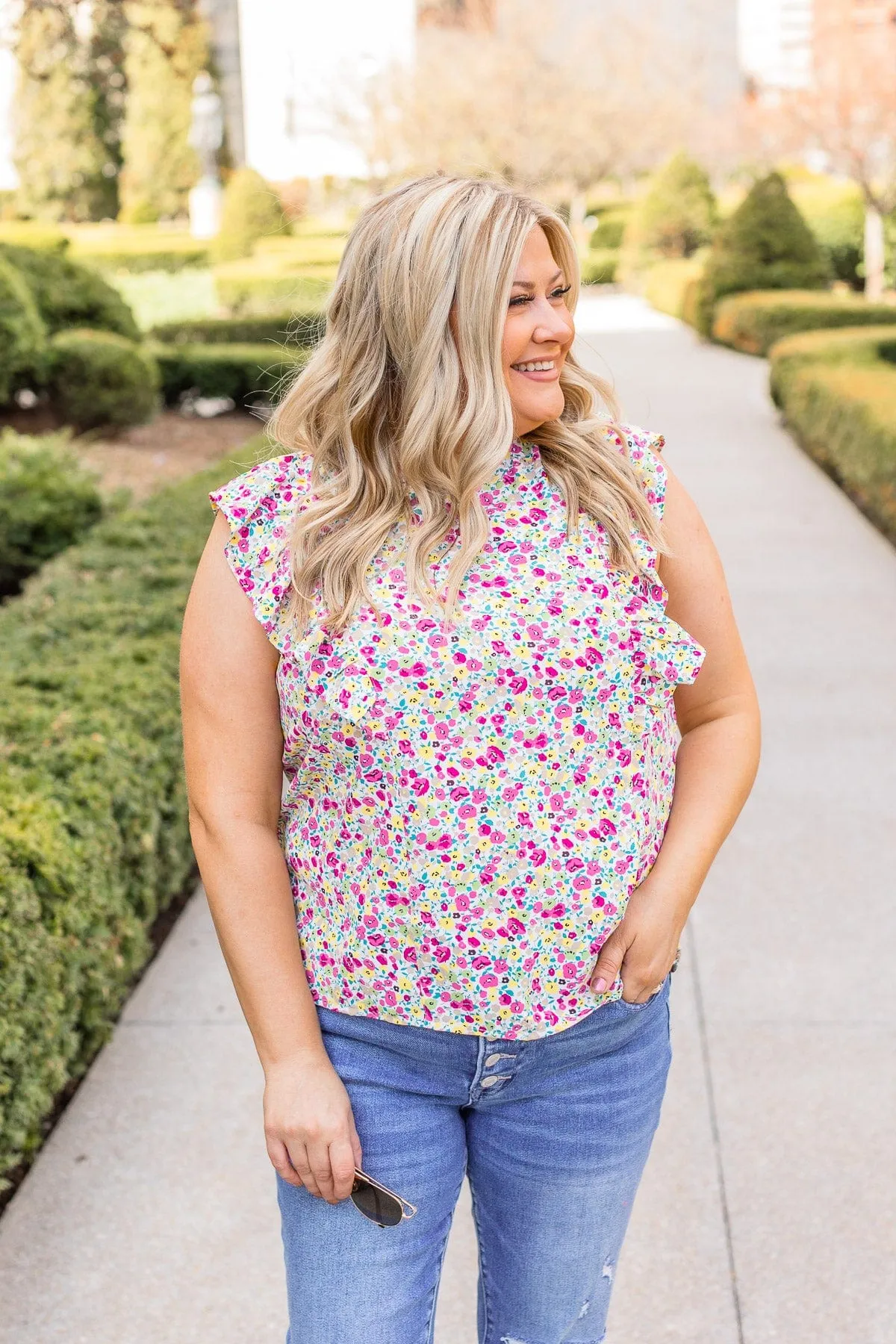 I Know The Way Ruffle Sleeve Blouse- White & Pink