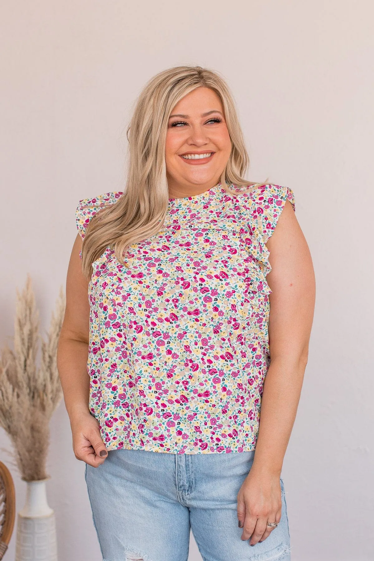 I Know The Way Ruffle Sleeve Blouse- White & Pink