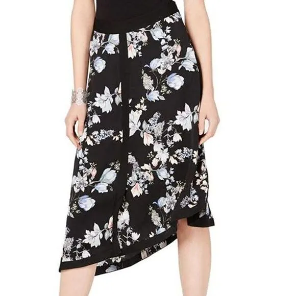 Inc Black Floral Printed Asymmetrical Slit Skirt 8