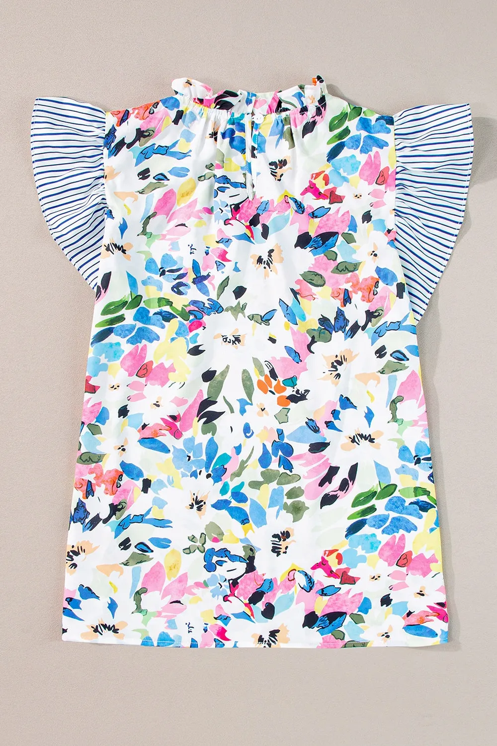 J'adore Le Fleur Floral Print Mock Neck Ruffled Cap Sleeve Blouse