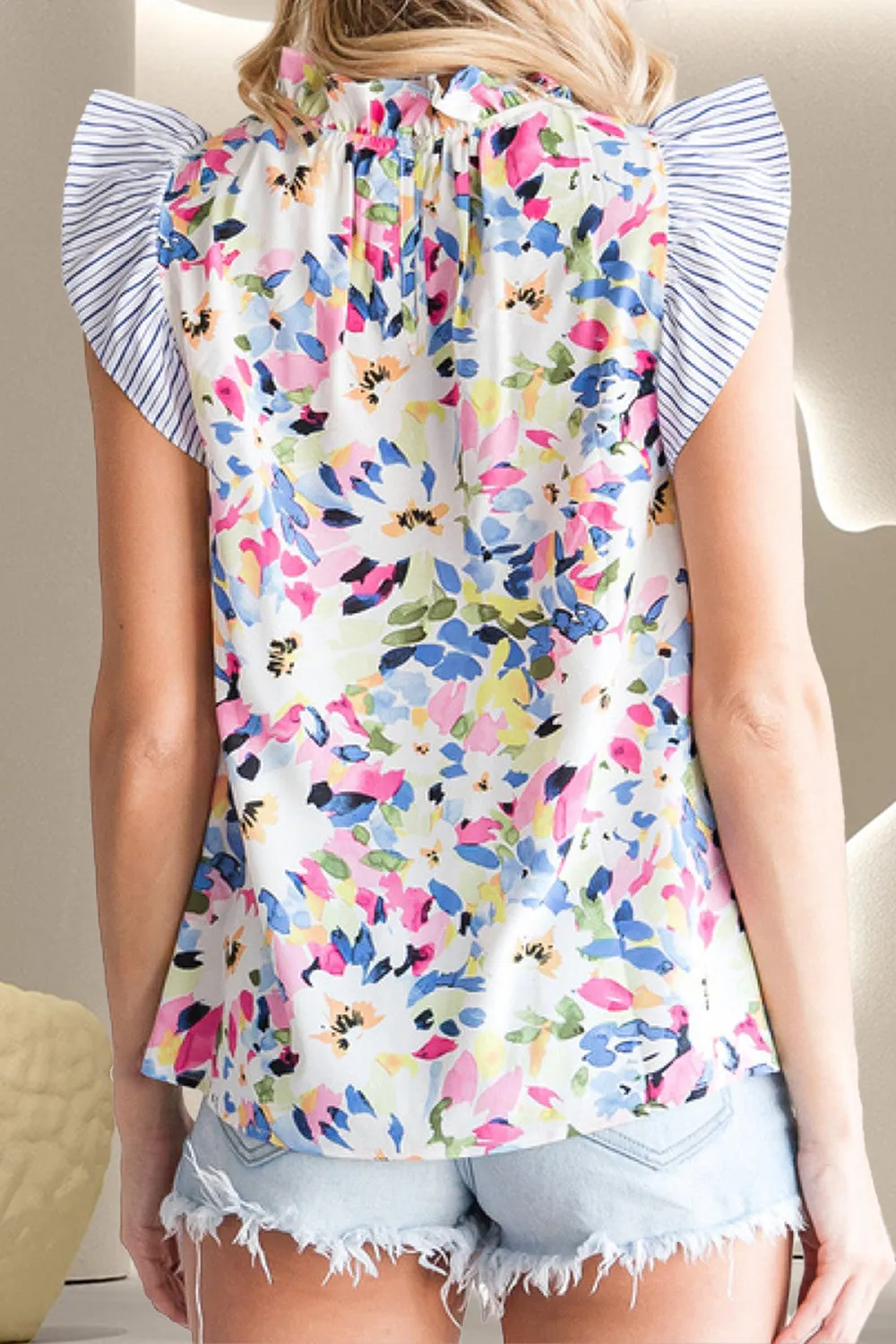 J'adore Le Fleur Floral Print Mock Neck Ruffled Cap Sleeve Blouse