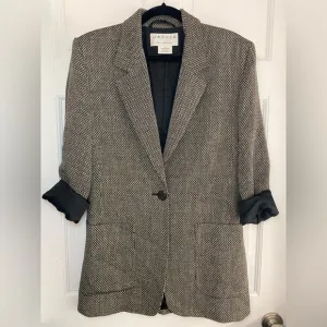 Jaeger Vintage Black and Tan Wool Blend Blazer w/ Shoulder Pads and Black Lining