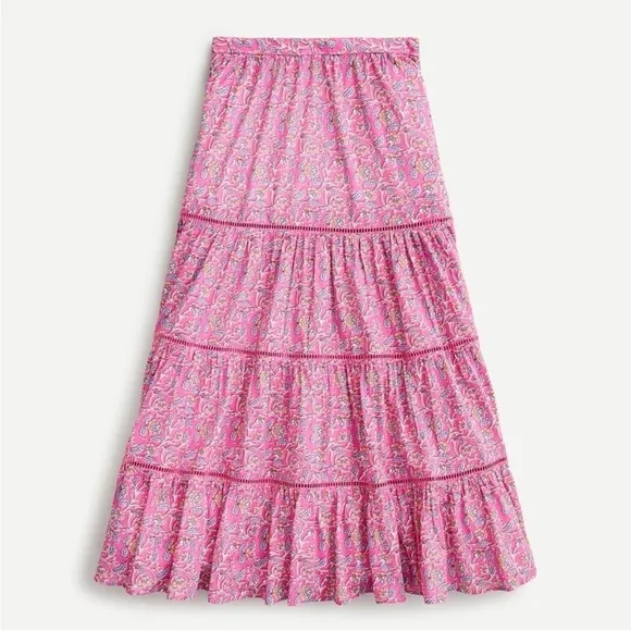 Jcrew SMALL Tiered midi skirt in pink vines block print lined cotton AO831 maxi