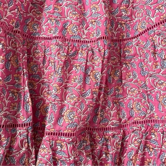 Jcrew SMALL Tiered midi skirt in pink vines block print lined cotton AO831 maxi