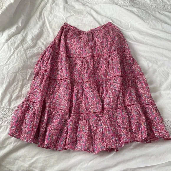 Jcrew SMALL Tiered midi skirt in pink vines block print lined cotton AO831 maxi