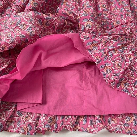 Jcrew SMALL Tiered midi skirt in pink vines block print lined cotton AO831 maxi
