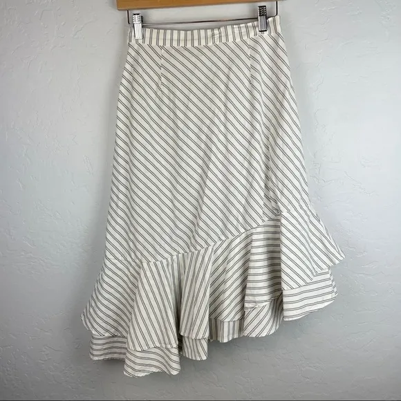 JOIE Yenene Striped Asymmetric-Hem Midi Skirt in Porcelain Cream Grey Size 2