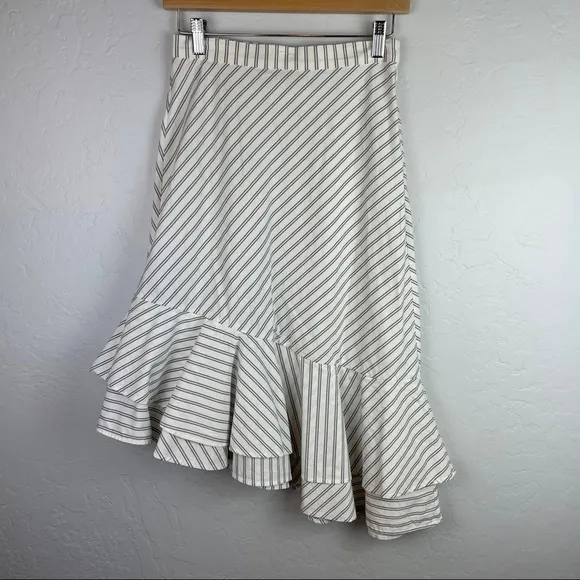 JOIE Yenene Striped Asymmetric-Hem Midi Skirt in Porcelain Cream Grey Size 2
