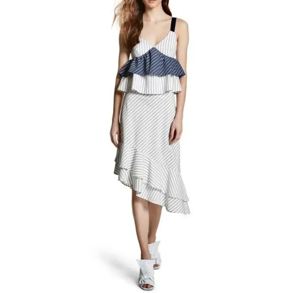 JOIE Yenene Striped Asymmetric-Hem Midi Skirt in Porcelain Cream Grey Size 2