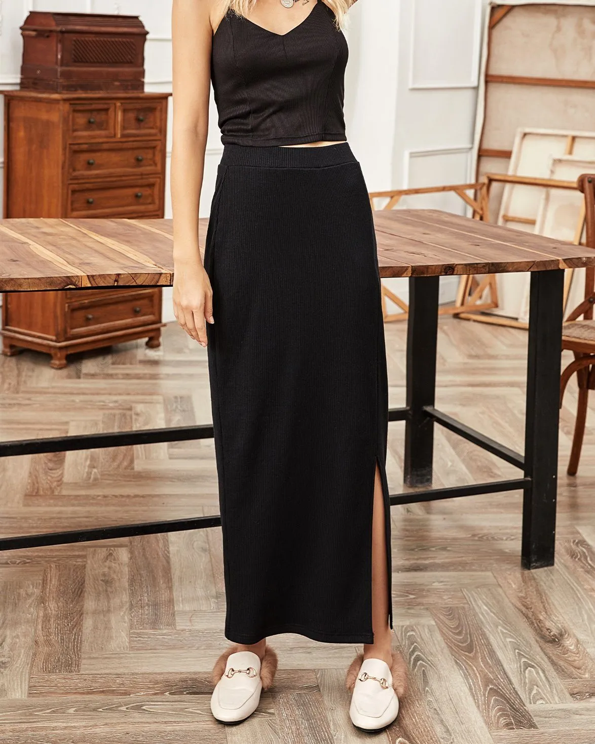 Just Go Away High Waist Side Slit Midi Skirt