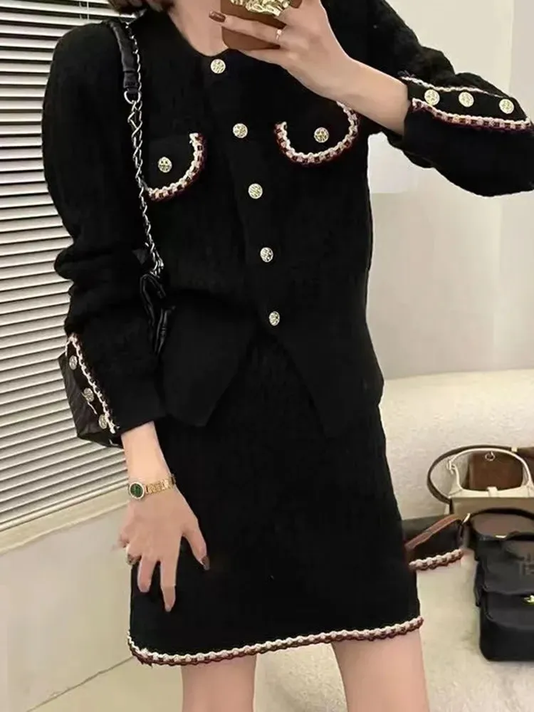 Knitted Two Piece Cardigan Skirt Suit