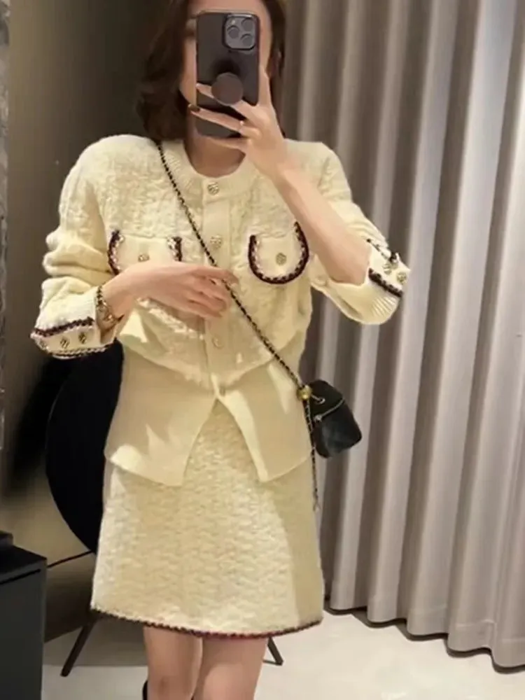 Knitted Two Piece Cardigan Skirt Suit