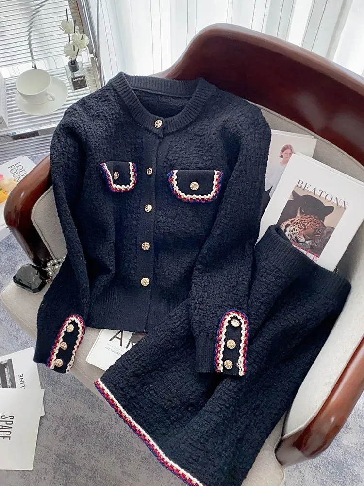 Knitted Two Piece Cardigan Skirt Suit