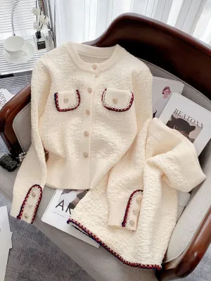 Knitted Two Piece Cardigan Skirt Suit