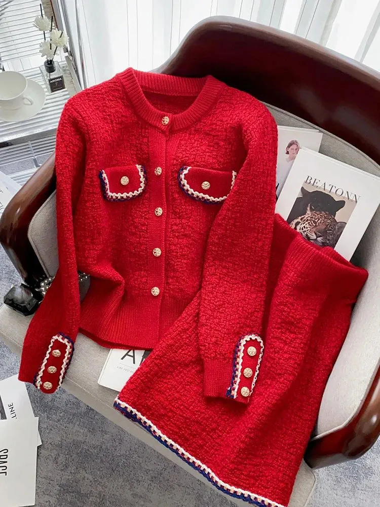 Knitted Two Piece Cardigan Skirt Suit