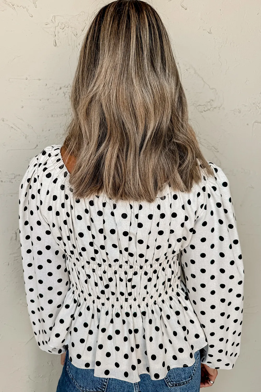 Laney, Black Polka Dot Bow Square Neck Ruched Peplum Blouse