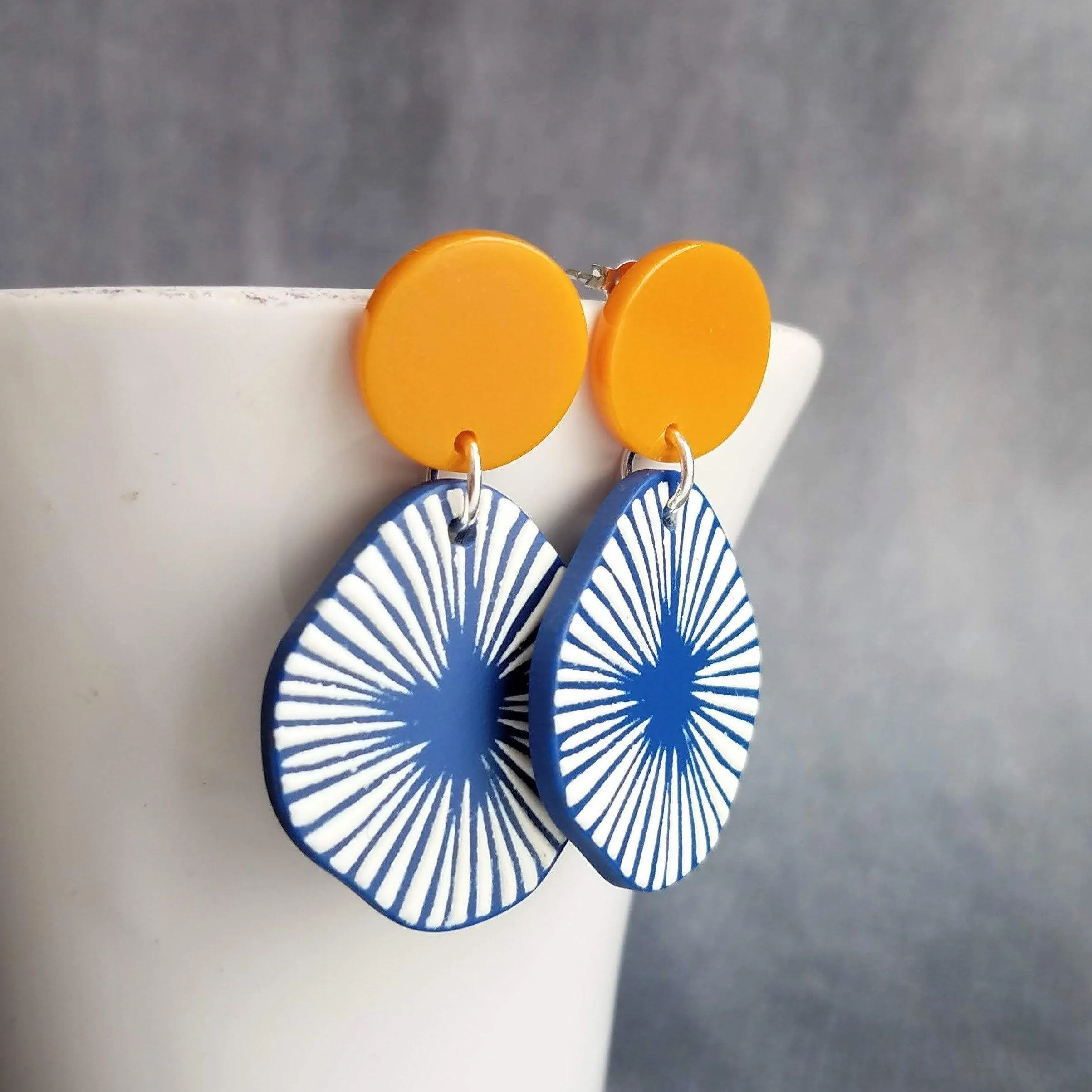Large Chunky Earrings, 80s style earring, mustard yellow earring, blue orange earring, starburst earring, asymmetrical round acrylic earring