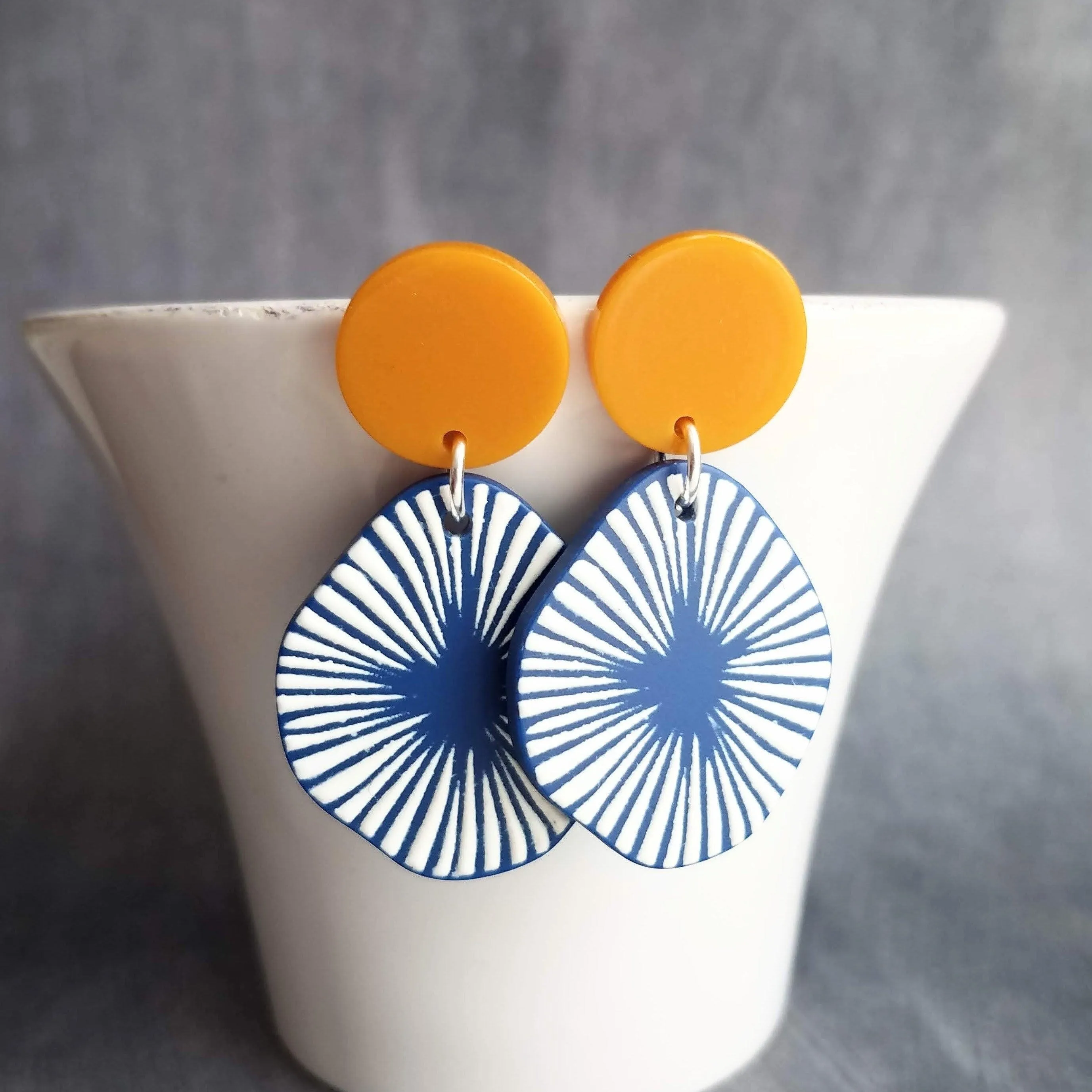 Large Chunky Earrings, 80s style earring, mustard yellow earring, blue orange earring, starburst earring, asymmetrical round acrylic earring