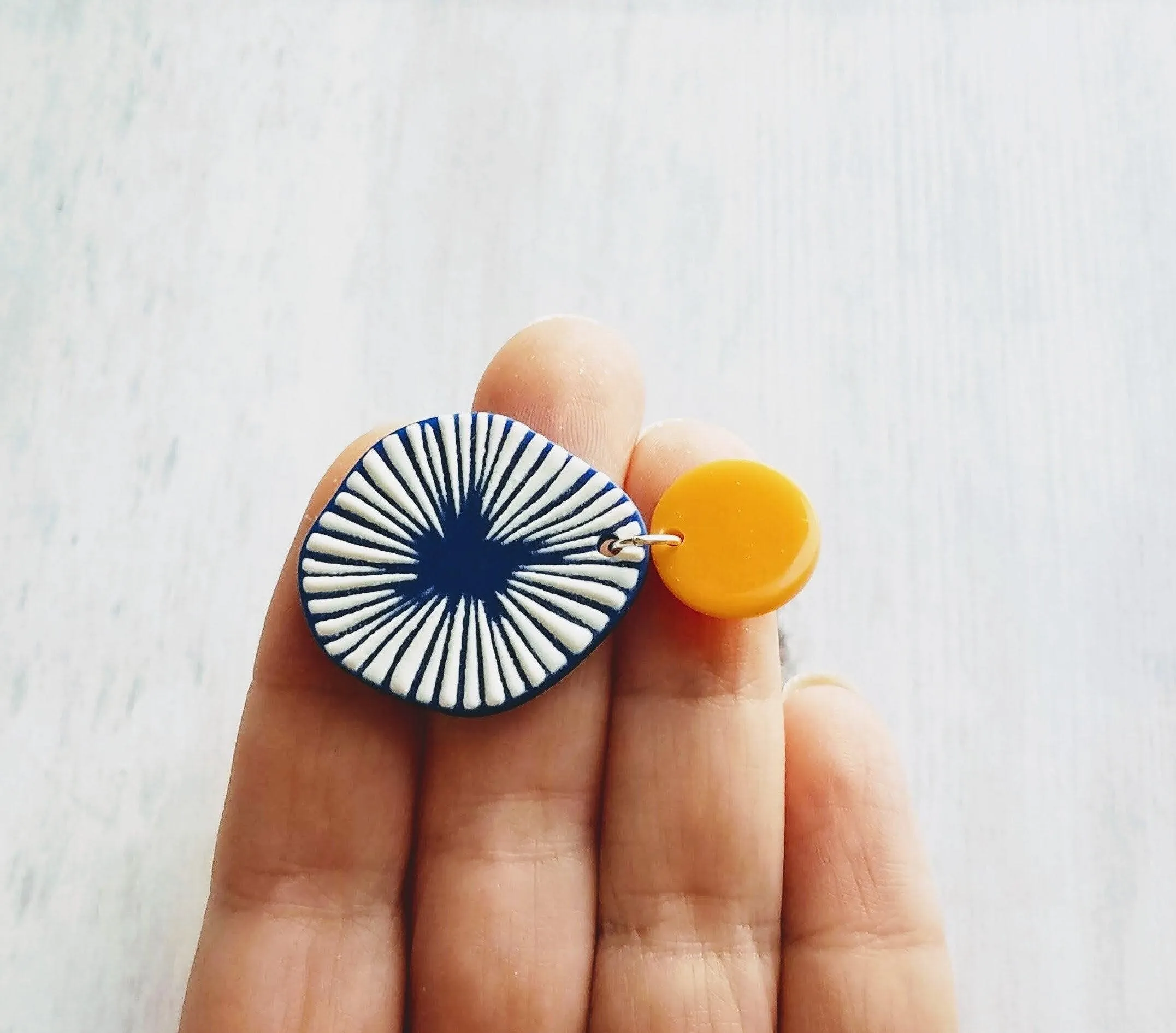 Large Chunky Earrings, 80s style earring, mustard yellow earring, blue orange earring, starburst earring, asymmetrical round acrylic earring