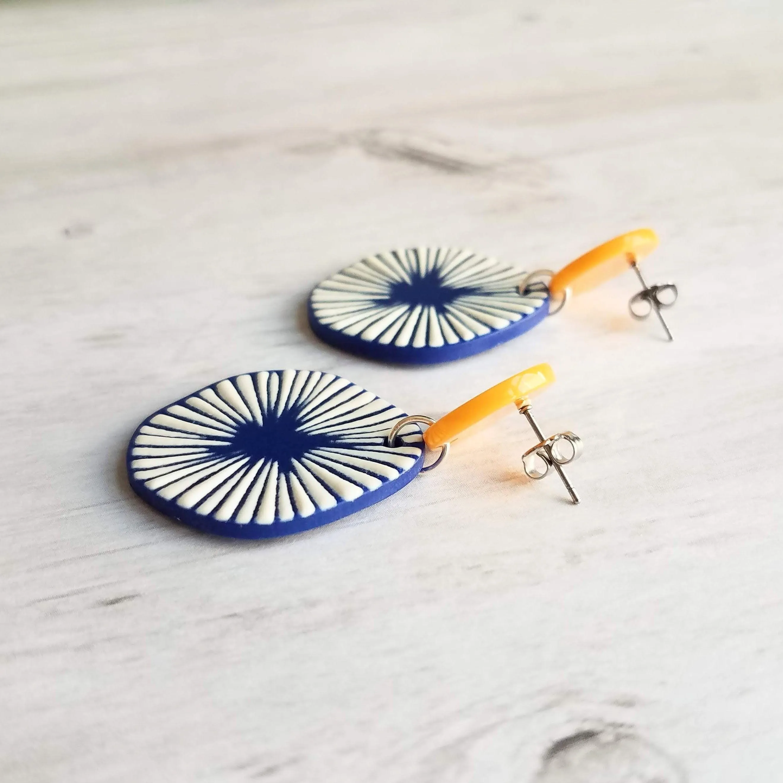 Large Chunky Earrings, 80s style earring, mustard yellow earring, blue orange earring, starburst earring, asymmetrical round acrylic earring