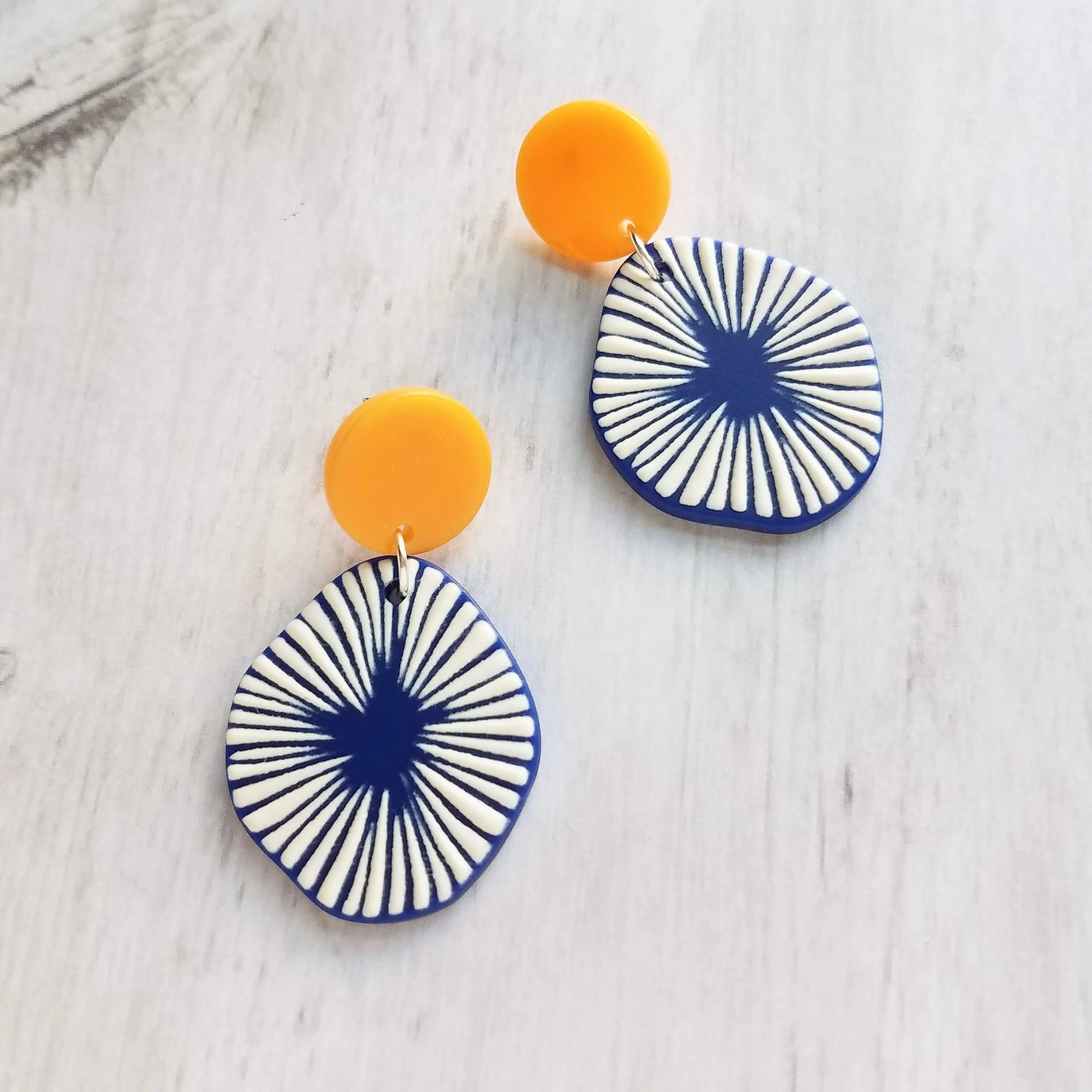 Large Chunky Earrings, 80s style earring, mustard yellow earring, blue orange earring, starburst earring, asymmetrical round acrylic earring