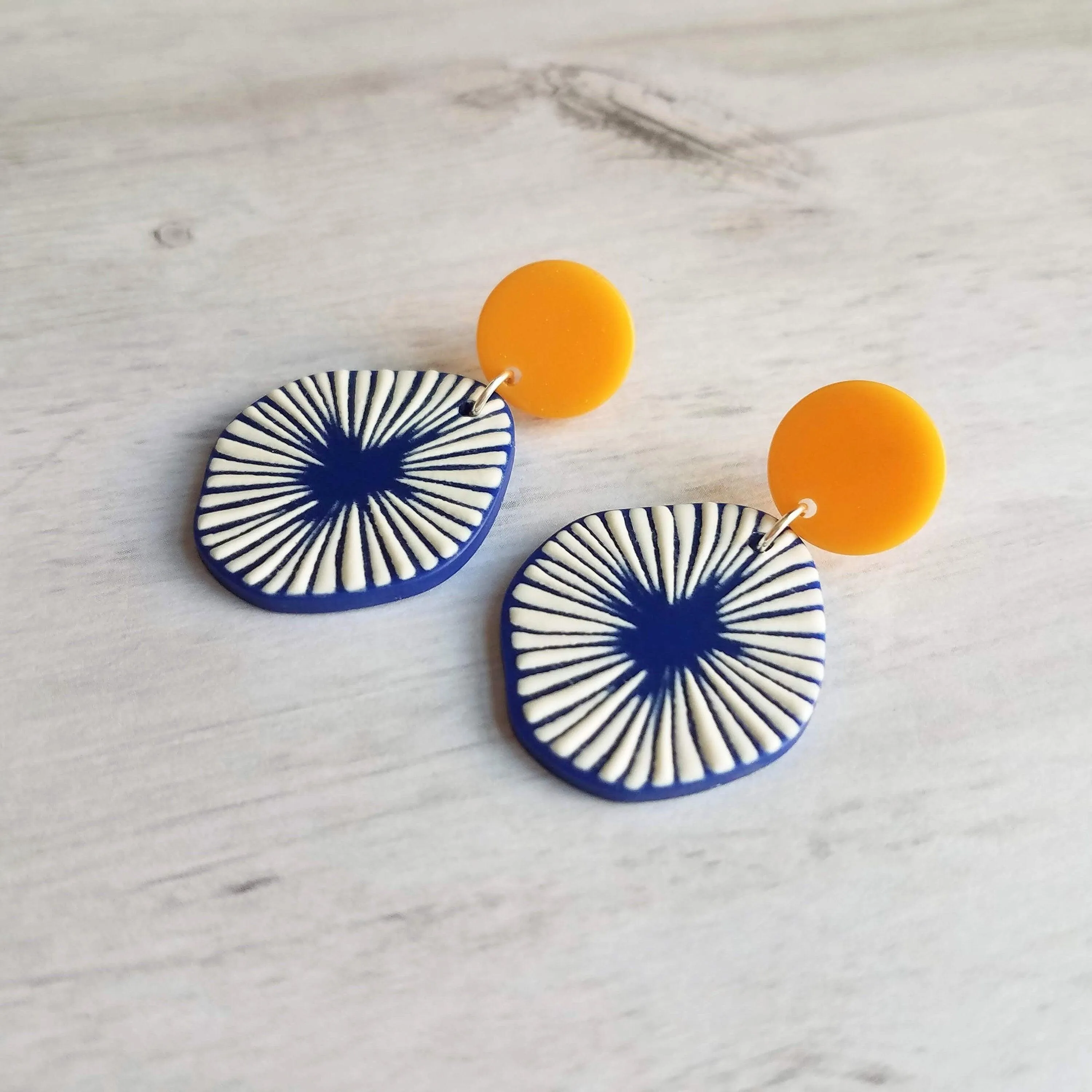 Large Chunky Earrings, 80s style earring, mustard yellow earring, blue orange earring, starburst earring, asymmetrical round acrylic earring