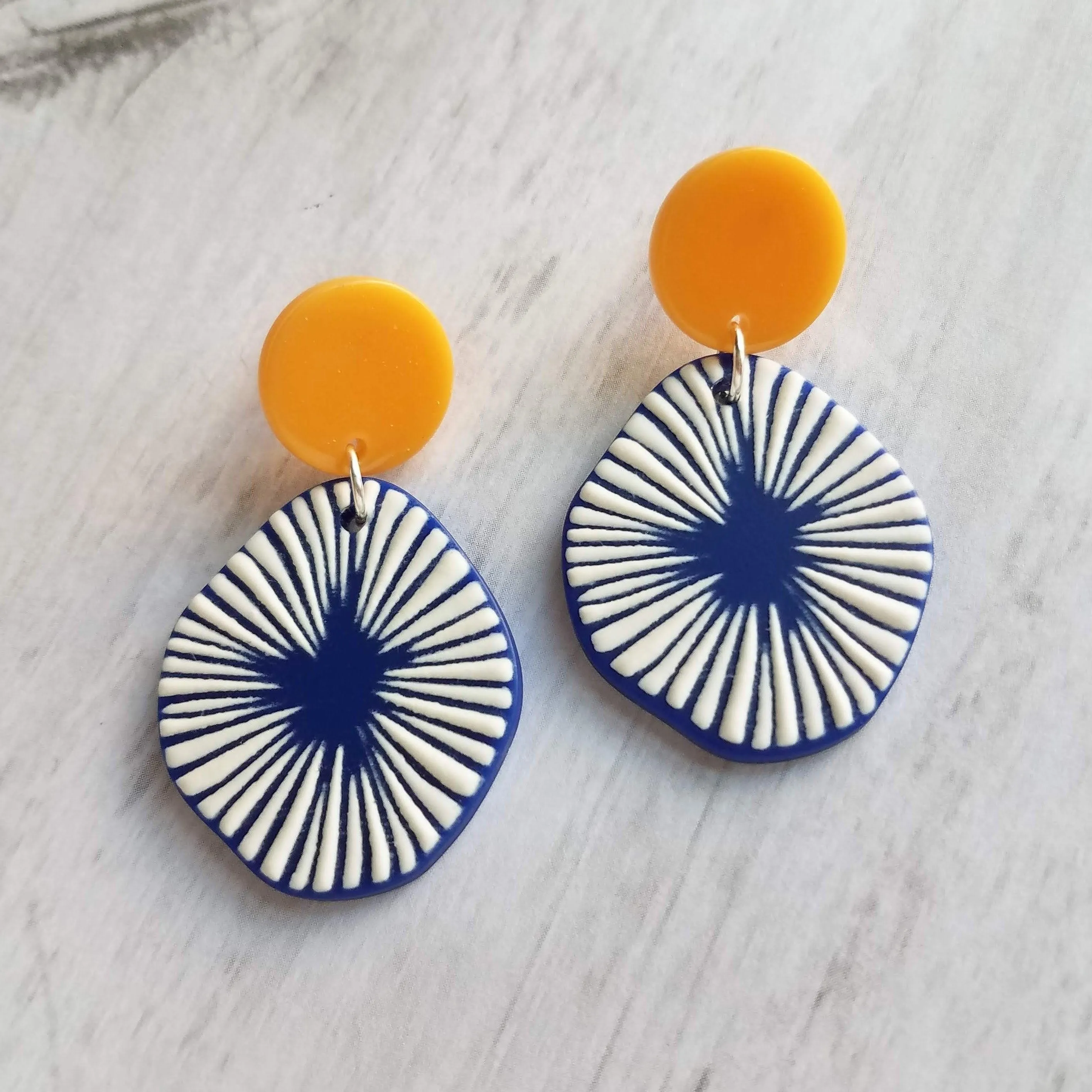 Large Chunky Earrings, 80s style earring, mustard yellow earring, blue orange earring, starburst earring, asymmetrical round acrylic earring