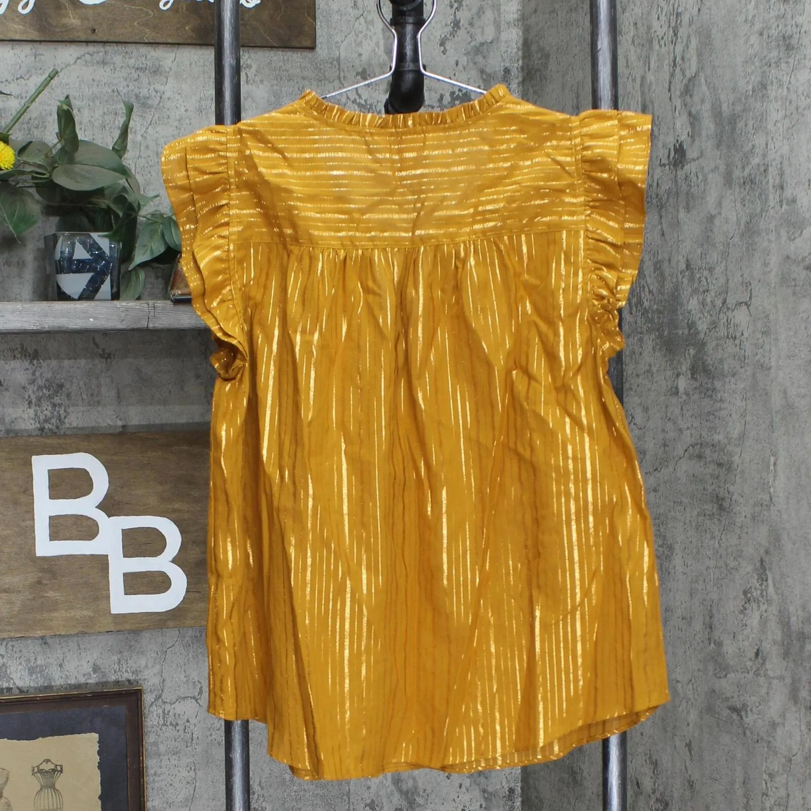 LC Lauren Conrad Ruffle Trim Tie Front Striped Blouse Shirt Shiny Brown Orange S