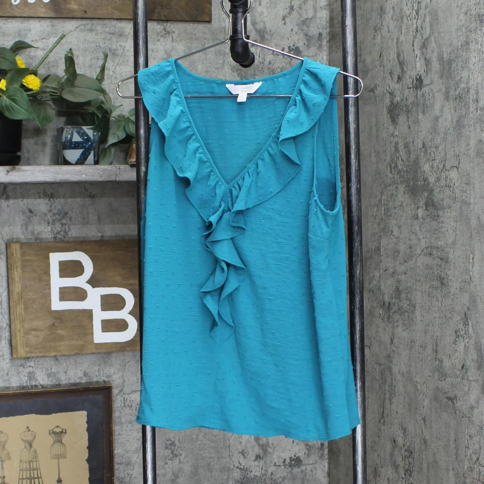 LC Lauren Conrad Womens Pintuck Ruffle Front Sleeveless Blouse Shirt Top Blue S