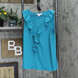 LC Lauren Conrad Womens Pintuck Ruffle Front Sleeveless Blouse Shirt Top Blue S