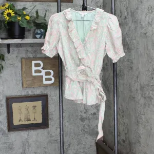 LC Lauren Conrad Womens Ruffle V-Neck Peplum Blouse Shirt Top Pink / Green S