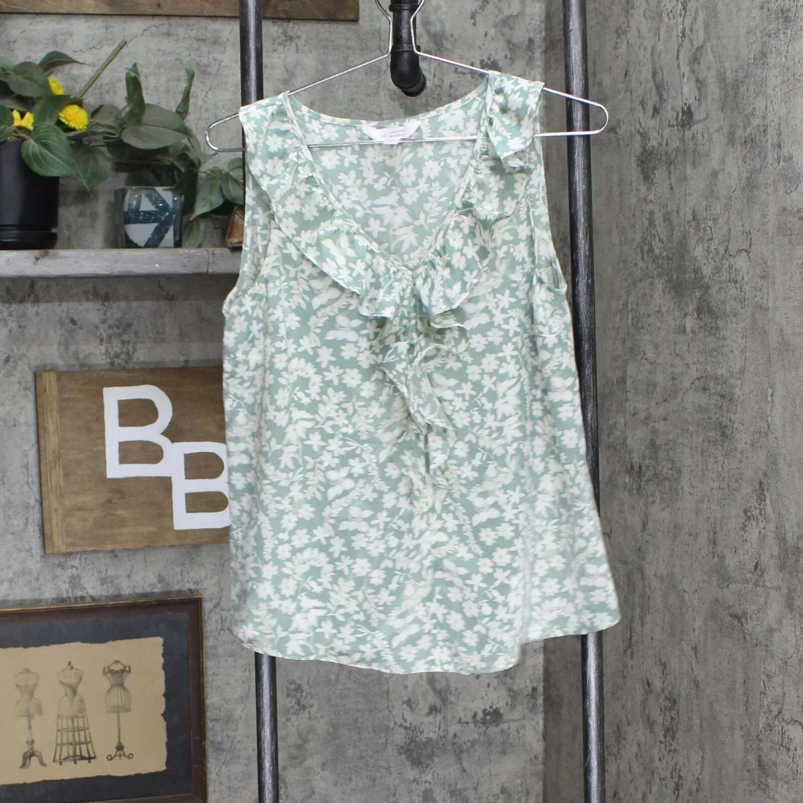 LC Lauren Conrad Womens Satin Ruffle Neck V-Neck Blouse Shirt Top Green Multi S