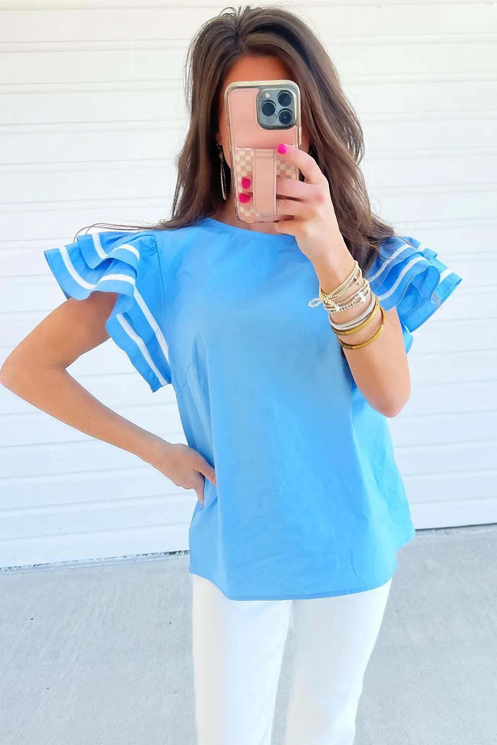 Light Blue Contrast Trimmed Ruffle Sleeve Blouse