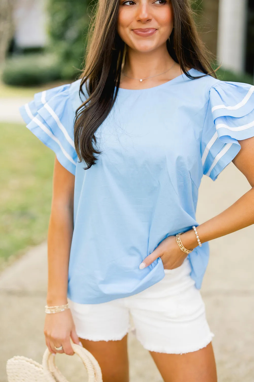 Light Blue Contrast Trimmed Ruffle Sleeve Blouse