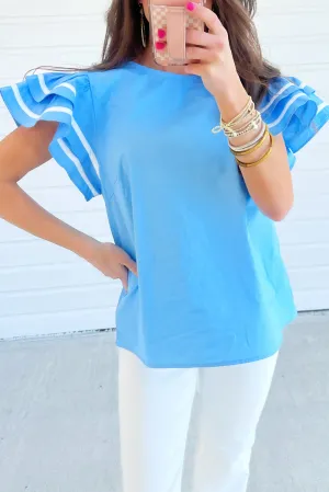 Light Blue Contrast Trimmed Ruffle Sleeve Blouse