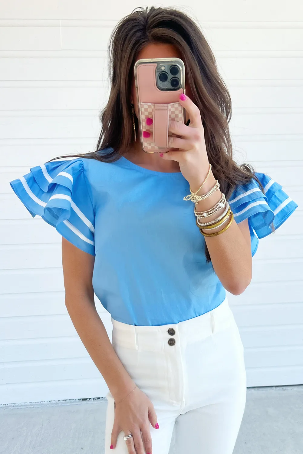 Light Blue Contrast Trimmed Ruffle Sleeve Blouse