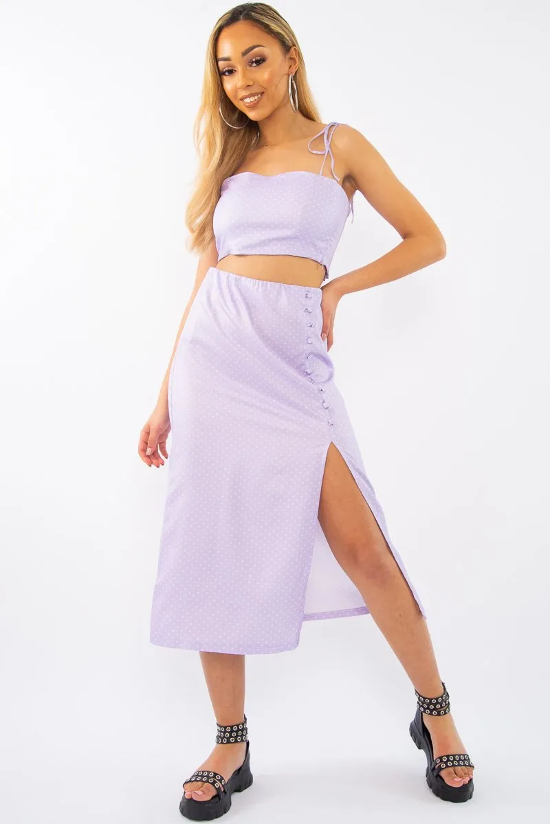 Lilac Polka Midi Skirt and Crop Top Co-ord - Viktoriya