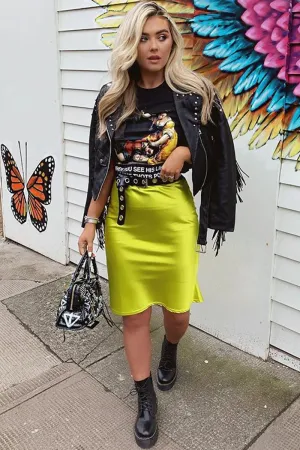 Lime Satin High Waist Floaty Midi Skirt - Dasha