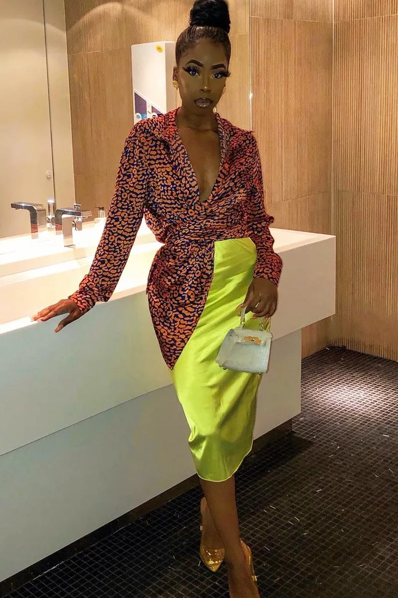 Lime Satin High Waist Floaty Midi Skirt - Dasha