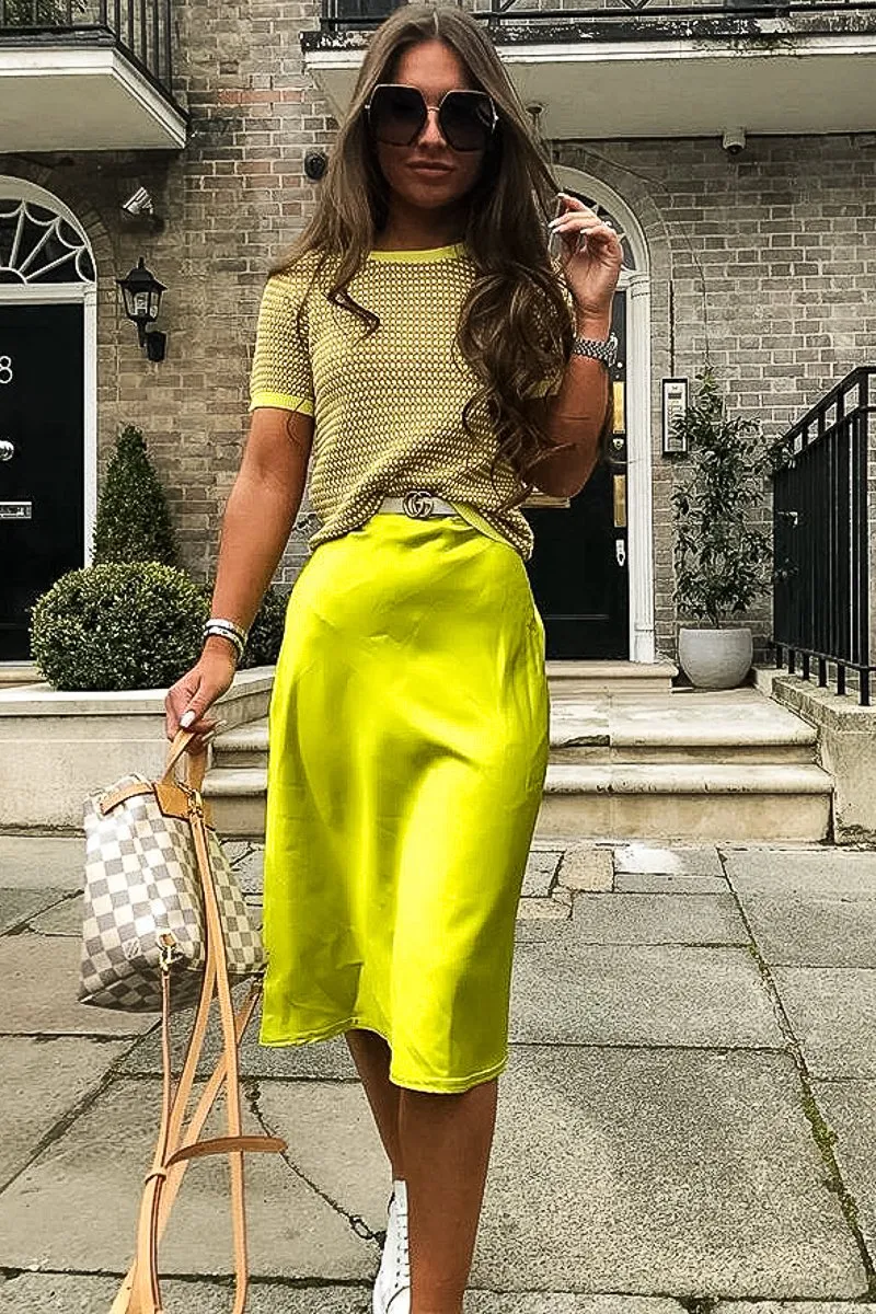 Lime Satin High Waist Floaty Midi Skirt - Dasha