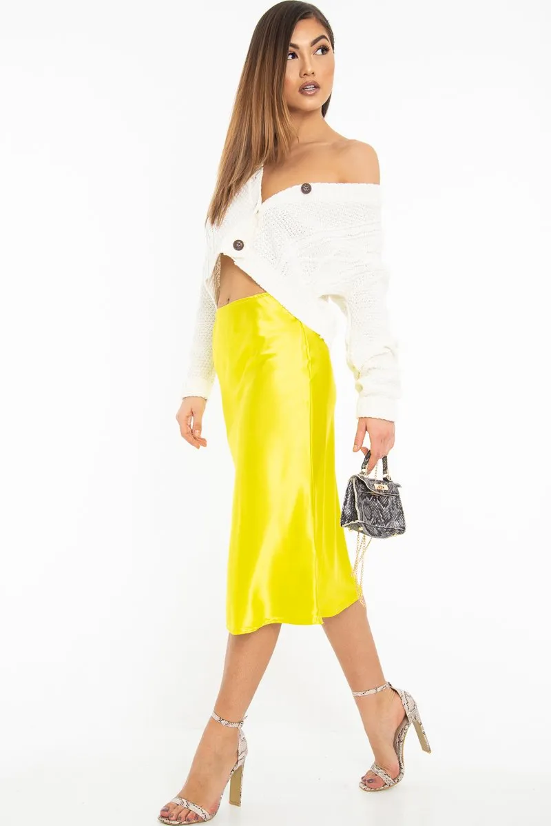 Lime Satin High Waist Floaty Midi Skirt - Dasha